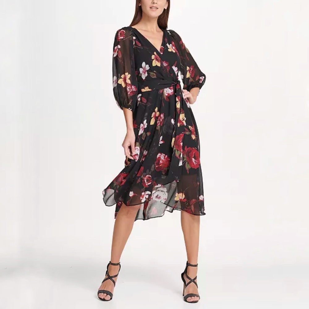 NWT DKNY Balloon Sleeve Chiffon Midi Dress, sz 2